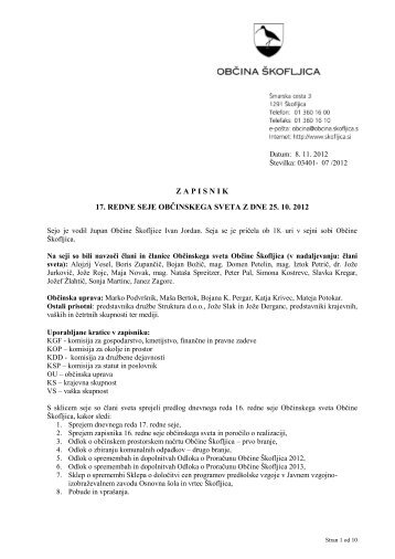 Zapisnik 17. redne seje Občinskega sveta Občine ... - Občina Škofljica