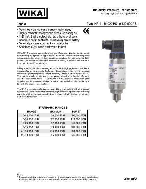 Industrial Pressure Transmitters Type HP-1 - Wika