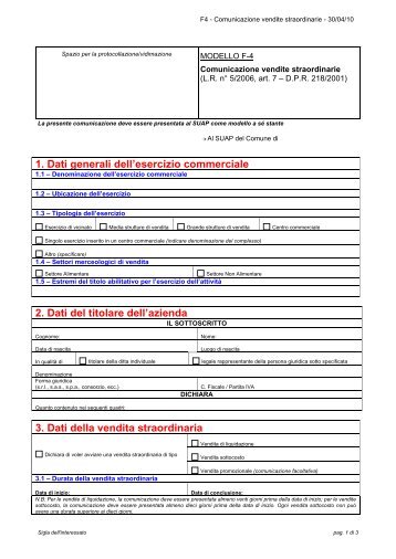 F4 â Comunicazione vendite straordinarie - Sardegna SUAP