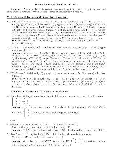 Math 2040 Sample Final Examination Disclaimer: Although I have ...