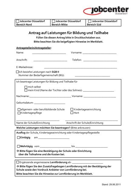 Antrag auf Leistungen fÃ¼r Bildung und Teilhabe - Jobcenter DÃ¼sseldorf