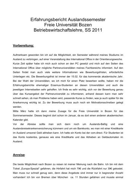 Erfahrungsbericht Auslandssemester Freie Universität Bozen ...