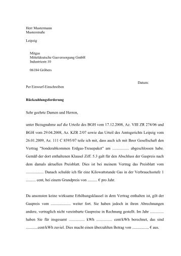 Musterbrief GaspreisrÃ¼ckforderung - Hoenig-siebert.de