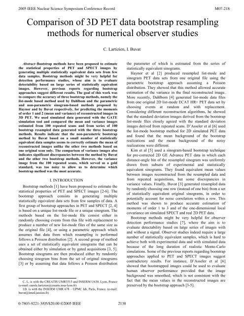 Comparison of 3D PET data bootstrap resampling methods for ...
