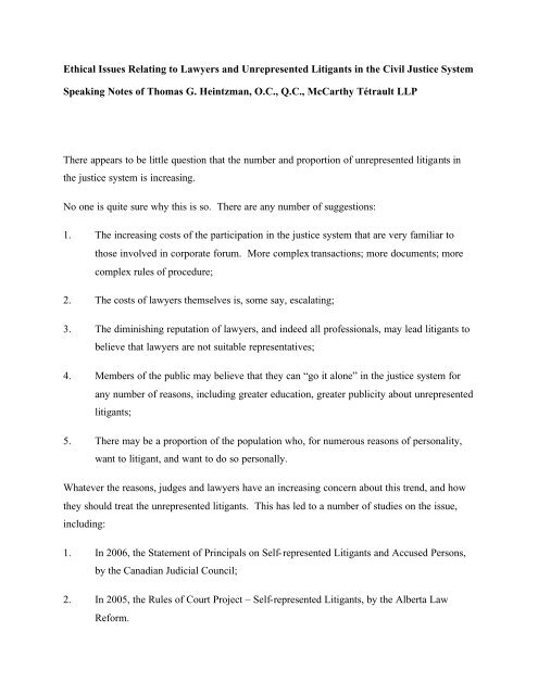 Ethical Issues Relating to Lawyers and Unrepresented Litigants in ...