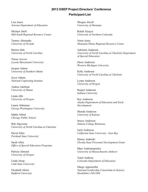 2013 OSEP Project Directors' Conference Participant List