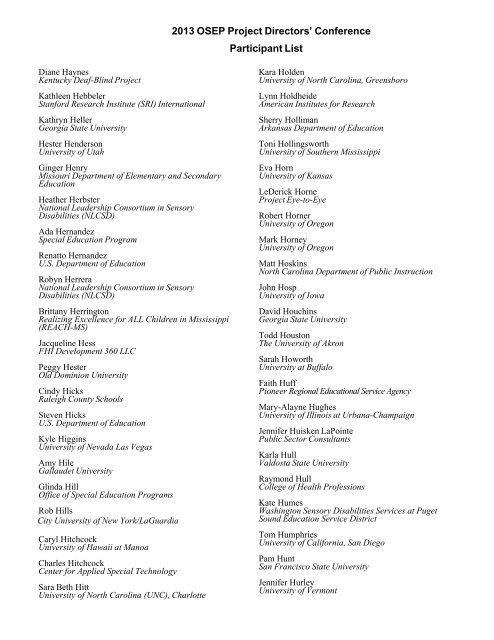 2013 OSEP Project Directors' Conference Participant List