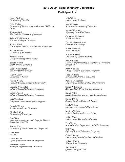 2013 OSEP Project Directors' Conference Participant List