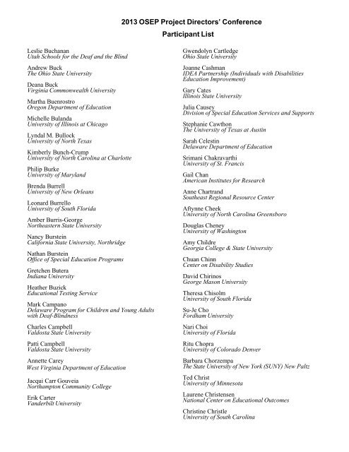 2013 OSEP Project Directors' Conference Participant List