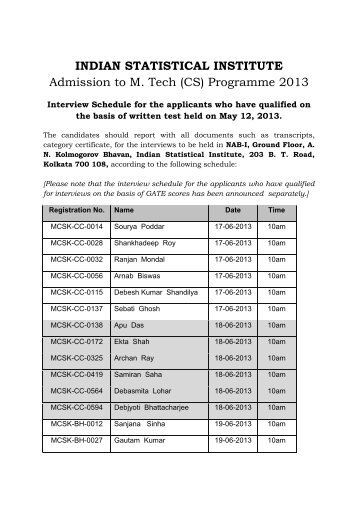 INDIAN STATISTICAL INSTITUTE Admission to M. Tech (CS ...