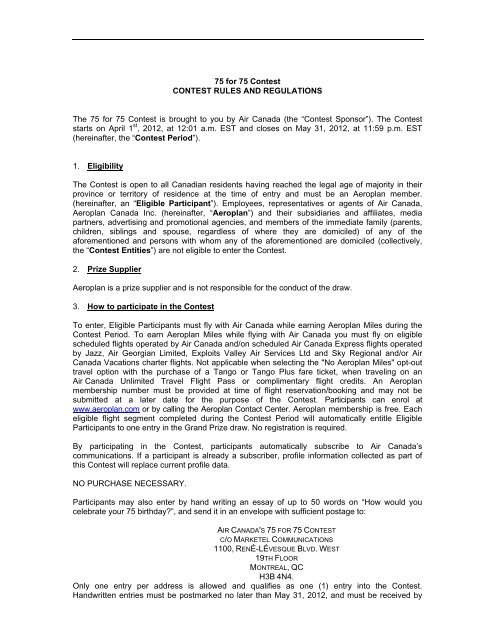 Contest Rules And Regulations Air Canada Contest Rules And Regulations Air Canada