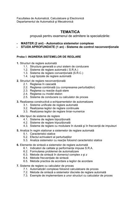 Facultatea de Automatica, Calculatoare si Electronica - Catedra de ...