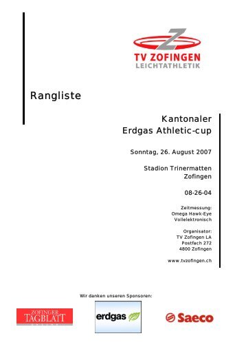 Rangliste Erdgas-Athletic-Cup Zofingen - LA Villmergen