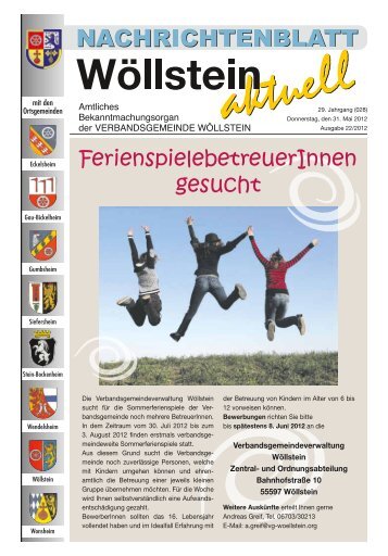 FerienspielebetreuerInnen gesucht - Verbandsgemeinde Wöllstein