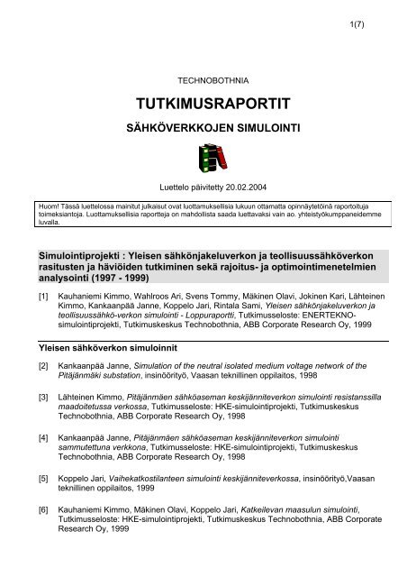 Simuloinnin julkaisuluettelo (pdf) - Vaasan ammattikorkeakoulu