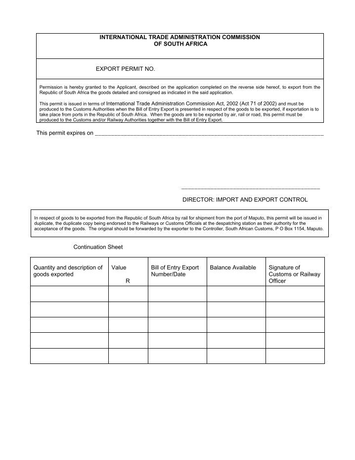 APPLICATION FOR EXPORT PERMIT (General Goods)