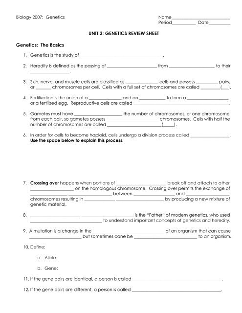 GENETICS REVIEW SHEET Genetics - Arapahoe High School