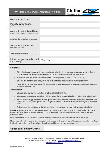 Wheelie Bin Service Application Form - Clutha District Council