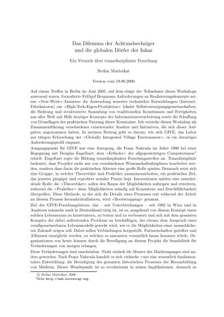 Das Dilemma der Achtundsechziger und die globalen DÃ¶rfer der Inkas