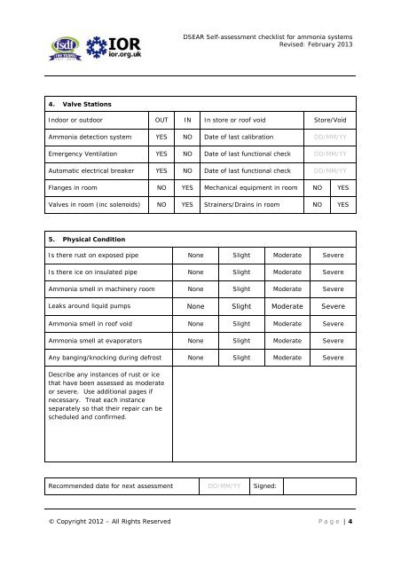Ammonia systems self assessment checklist for DSEAR - Institute of ...