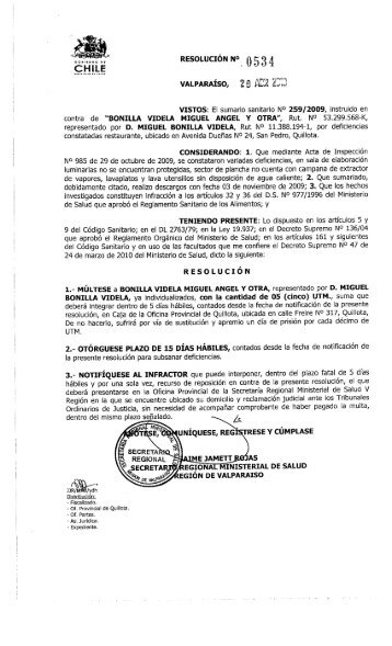 Page 1 , RESOLUCION NÂ° .. 0534 VISTOS: El sumario sanitario I\lo ...