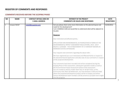 REGISTER OF COMMENTS AND RESPONSES - Midrand Estates