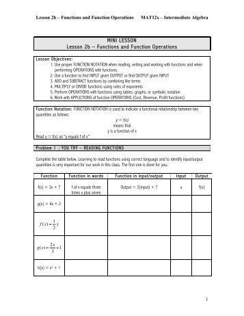 MINI LESSON Lesson 2b – Functions and Function Operations