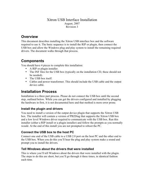 Xitron USB Interface Installation Overview Components Installation ...