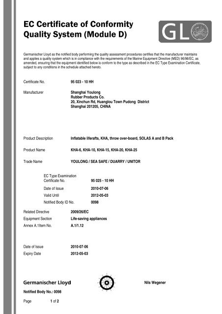 EC Certificate of Conformity Quality System (Module D)
