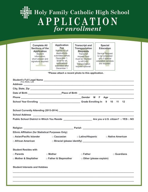 Application for Enrollment - Holy Family Catholic High School