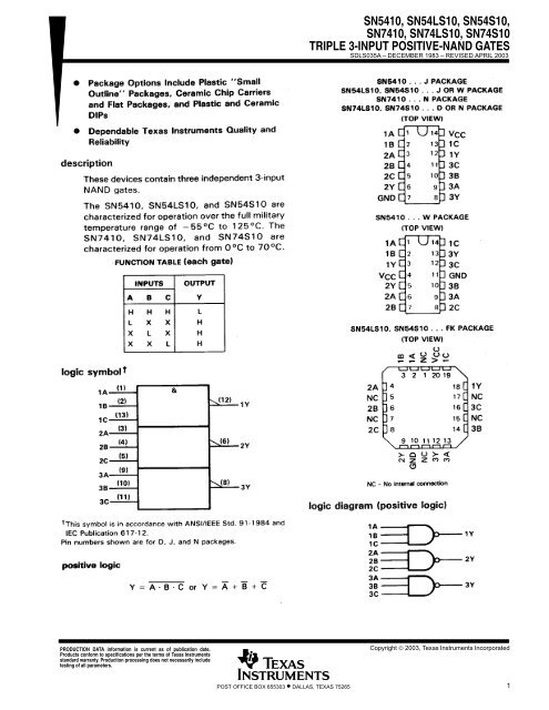 SN5410, SN54LS10, SN54S10, SN7410, SN74LS10, SN74S10 ...