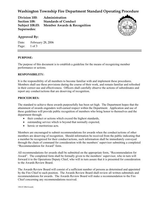 Washington Township Fire Department Standard Operating Procedure