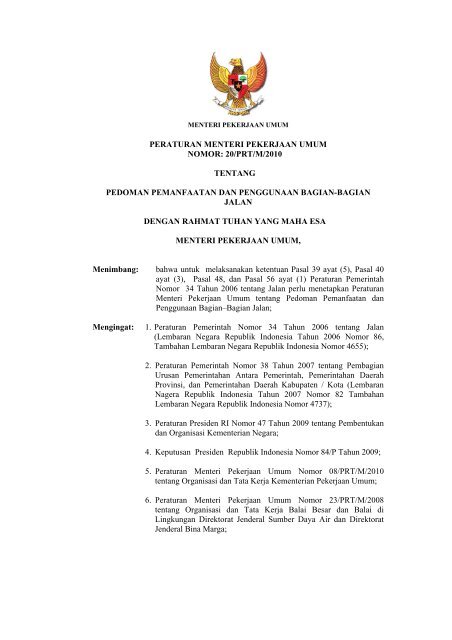 peraturan menteri pekerjaan umum nomor: 20/prt/m/2010 tentang