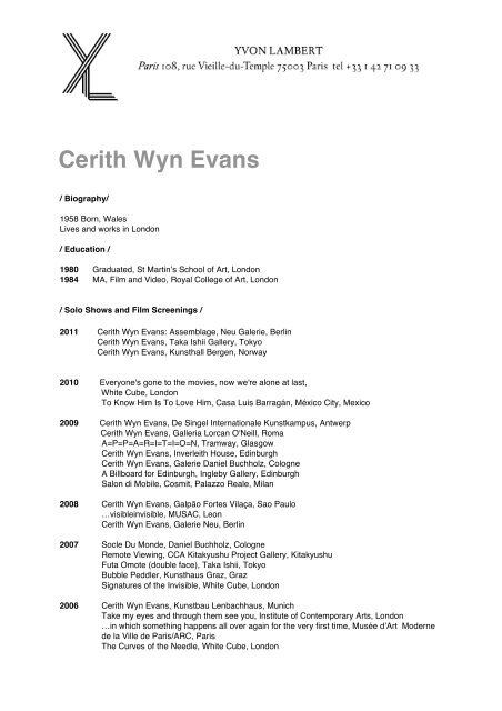 Cerith Wyn Evans Biography - Yvon Lambert