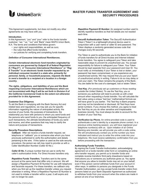 Master Funds Transfer Agreement And Security Union Bank