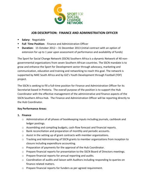 job description: finance and administration officer - Youth ...