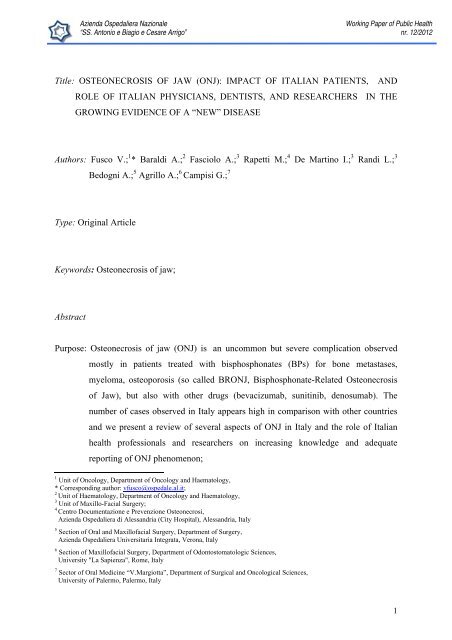 Working Paper of Public Health Volume 2012 - Azienda Ospedaliera ...