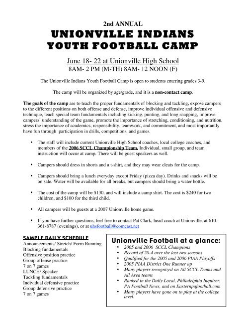 2nd ANNUAL UNIONVILLE INDIANS YOUTH FOOTBALL CAMP