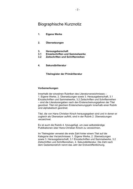 Komplettes Werksverzeichnis - Hans Christian Kirsch/Frederik ...