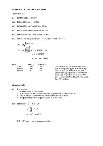 Solutions STAT131 2001 Final Exam Question 1(a) (i) P(SMOKER ...