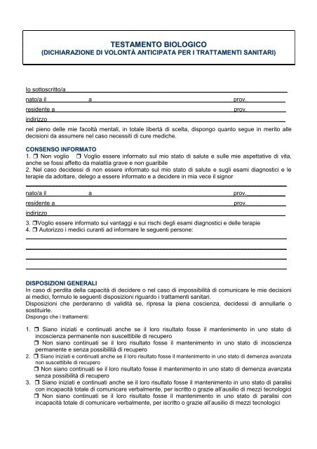 fusione spicca fama testamento biologico pdf dito Hobart contare