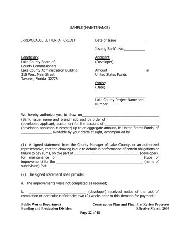 Sample (Maintenance) Irrevocable Letter of Credit - Lake County