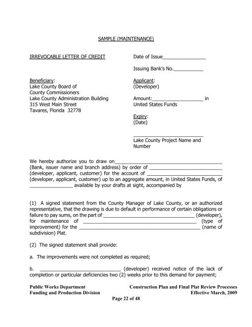 Sample (Maintenance) Irrevocable Letter of Credit - Lake County