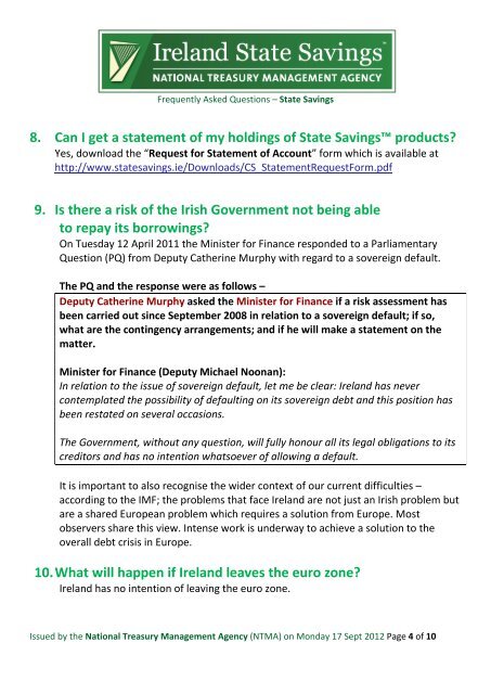 1. What is Ireland State Savingsâ¢? 2. What is the National Treasury ...