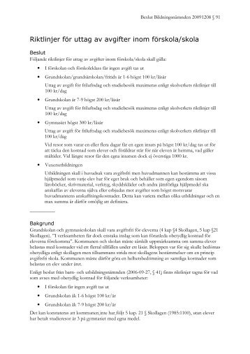 Riktlinjer fÃ¶r uttag av avgifter inom fÃ¶rskola/skola - Vara kommun