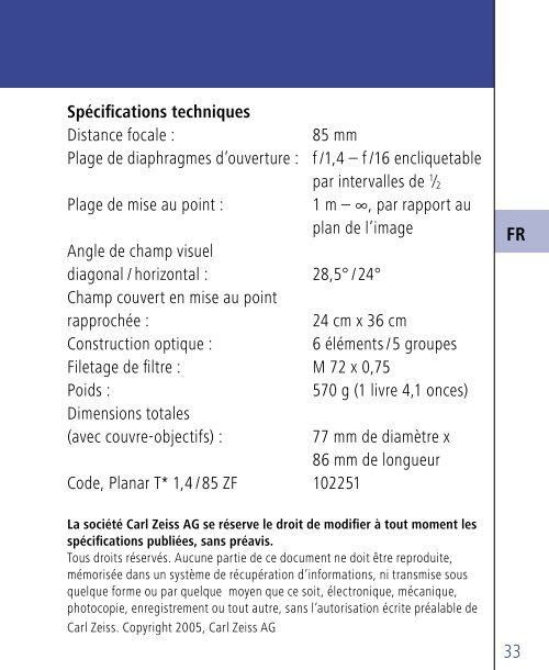 Instruction Manual: ZF/ZS Lenses - Carl Zeiss