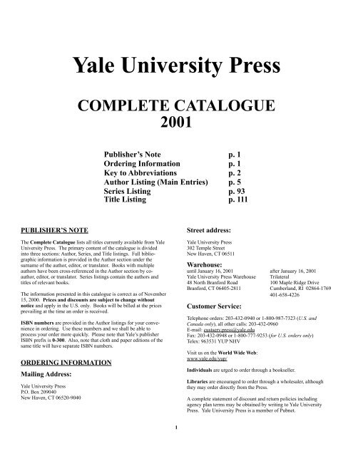 Yale University Press COMPLETE CATALOGUE 2001