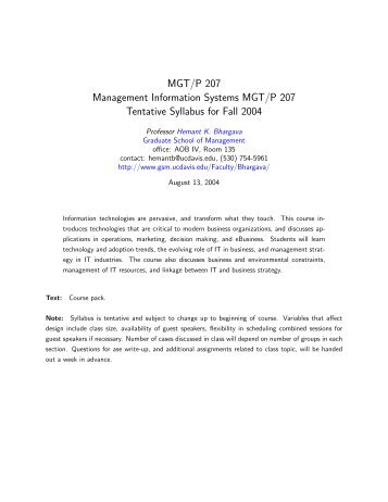 MGT/P 207 Management Information Systems MGT/P 207 Tentative