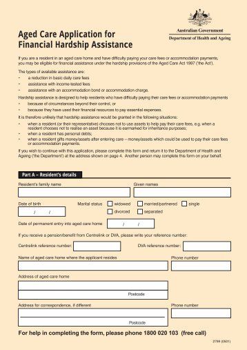 Aged Care Application for Financial Hardship Assistance