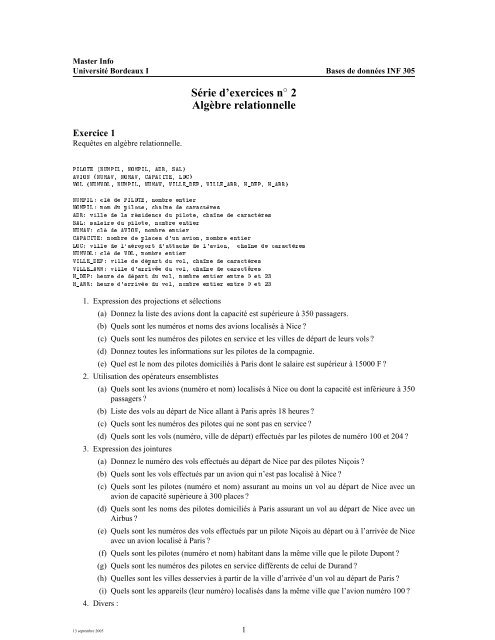 SÃ©rie d'exercices n 2 AlgÃ¨bre relationnelle - LaBRI